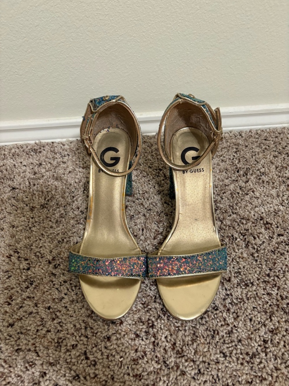 G by Guess Gold Ankle-Strap Heels with Teal Multicolor Glitter